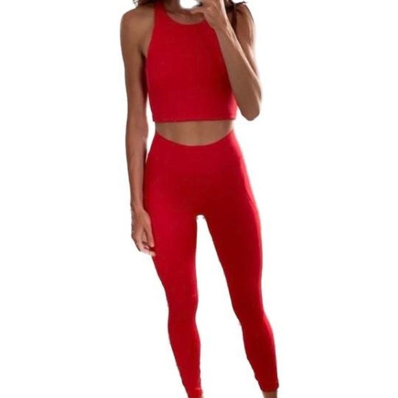 ❤️Outdoor Voices Red TechSweat Flex Set 7/8 Bra Tank Leggings pants yoga fitness - Picture 3 of 12